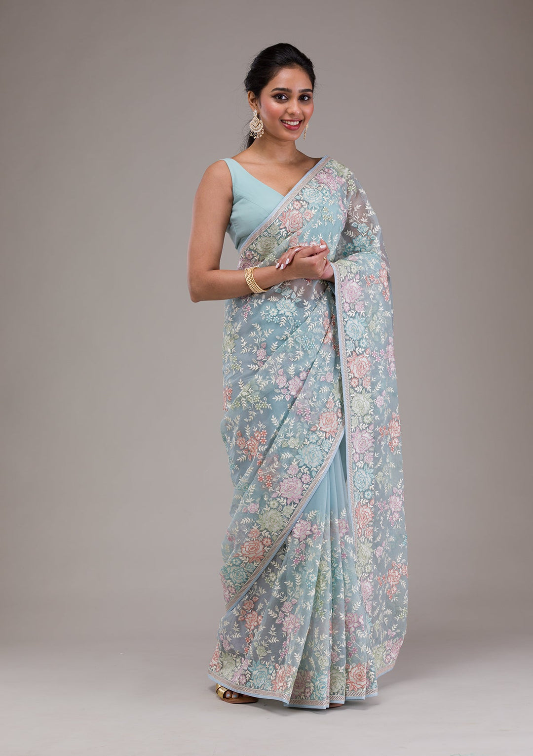 Sky Blue Threadwork Tissue Saree-Koskii