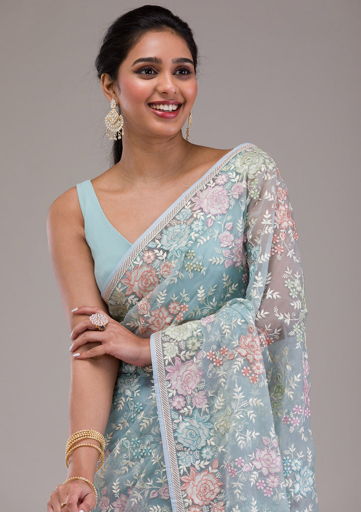 Sky Blue Threadwork Tissue Saree-Koskii