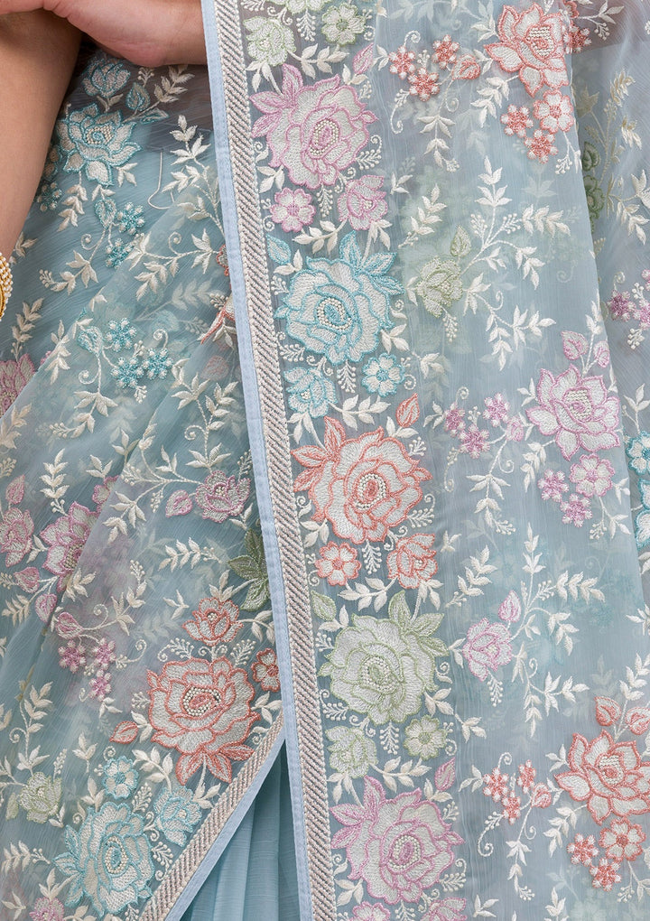 Sky Blue Threadwork Tissue Saree-Koskii