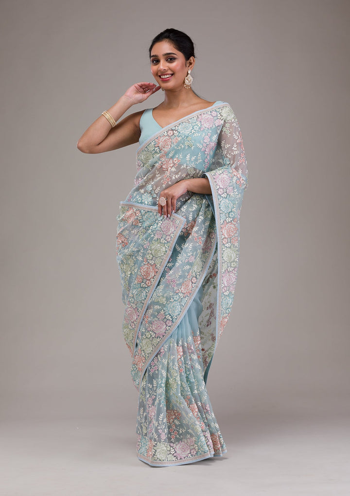 Sky Blue Threadwork Tissue Saree-Koskii
