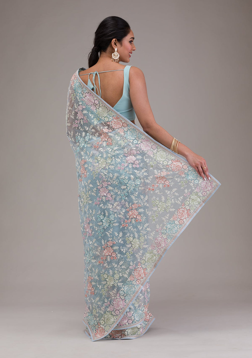 Sky Blue Threadwork Tissue Saree-Koskii