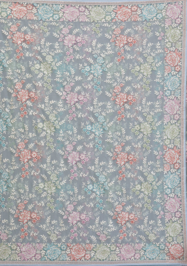 Sky Blue Threadwork Tissue Saree-Koskii