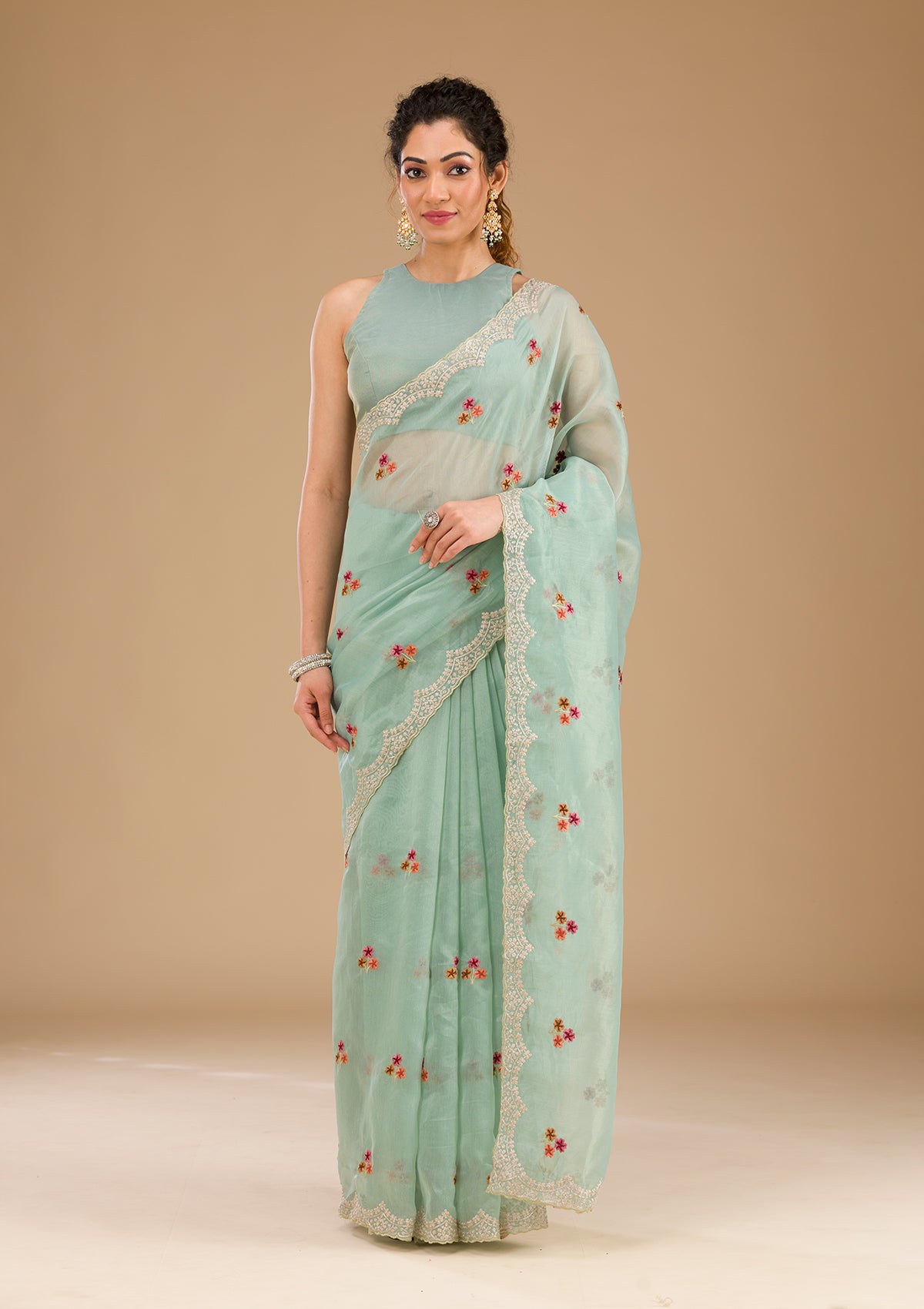 Sky Blue Threadwork Tissue Saree