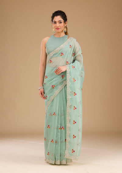 Sky Blue Threadwork Tissue Saree