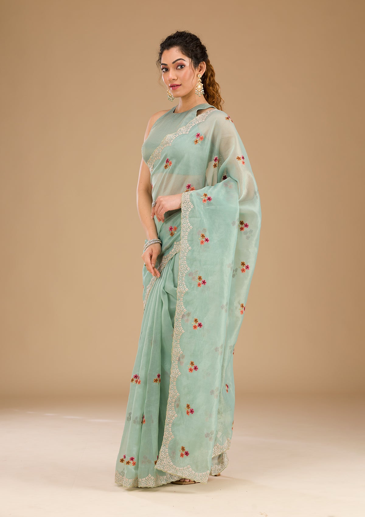 Sky Blue Threadwork Tissue Saree