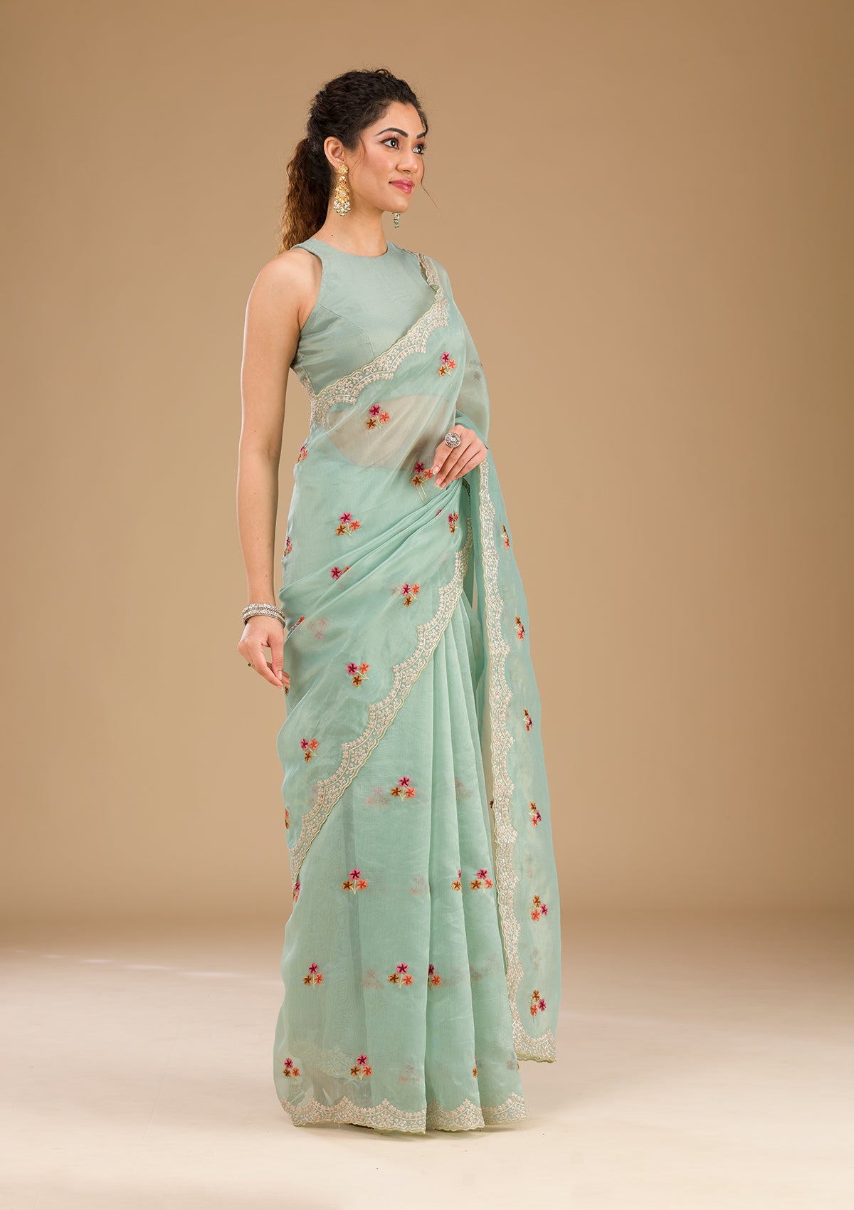 Sky Blue Threadwork Tissue Saree