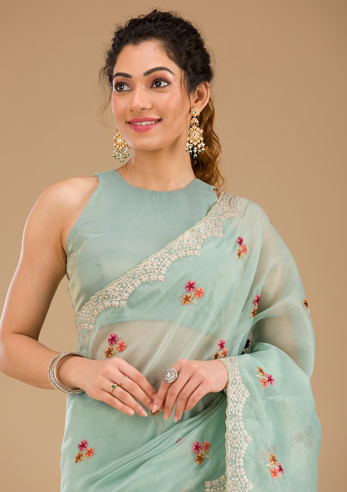 Sky Blue Threadwork Tissue Saree