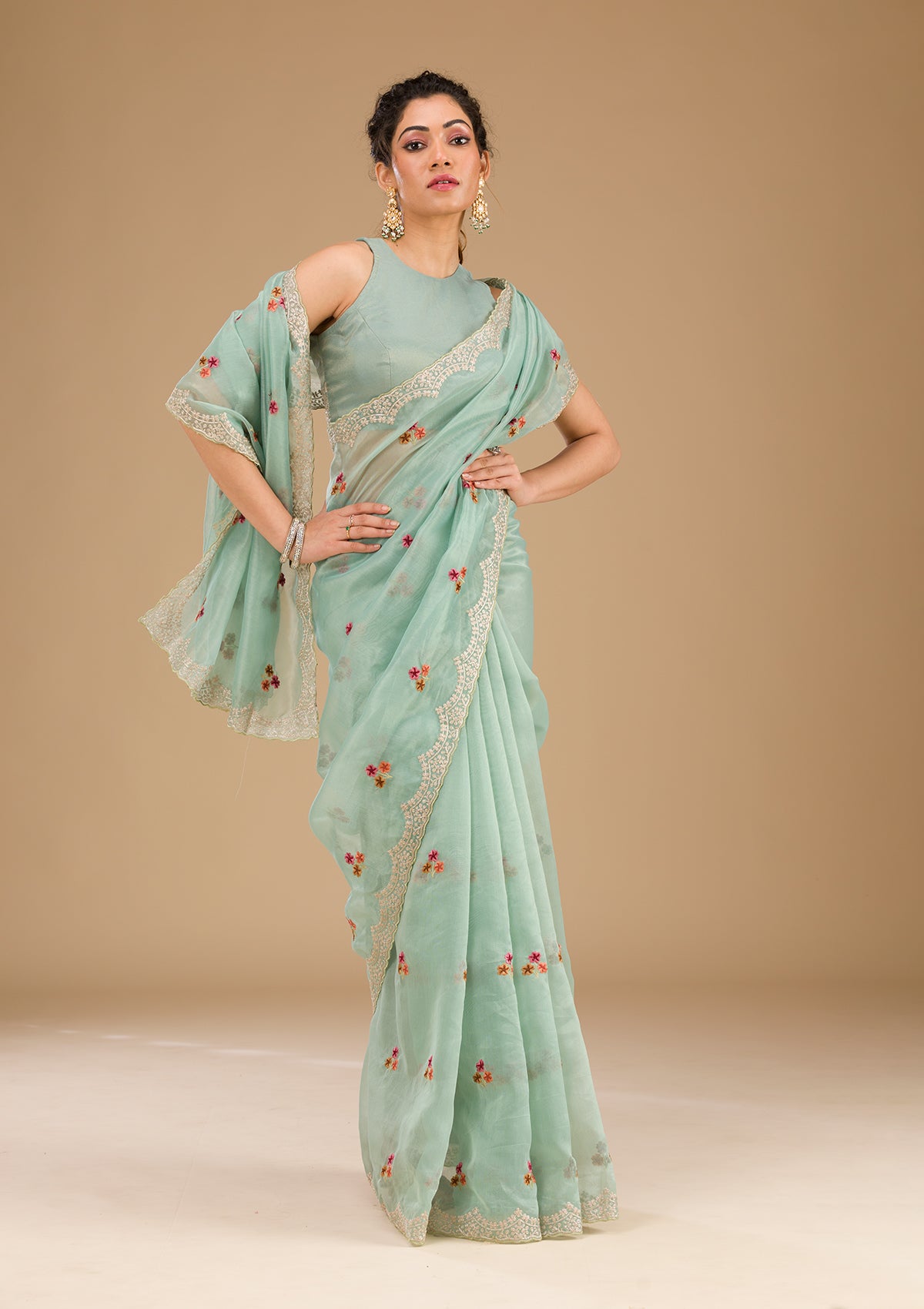 Sky Blue Threadwork Tissue Saree