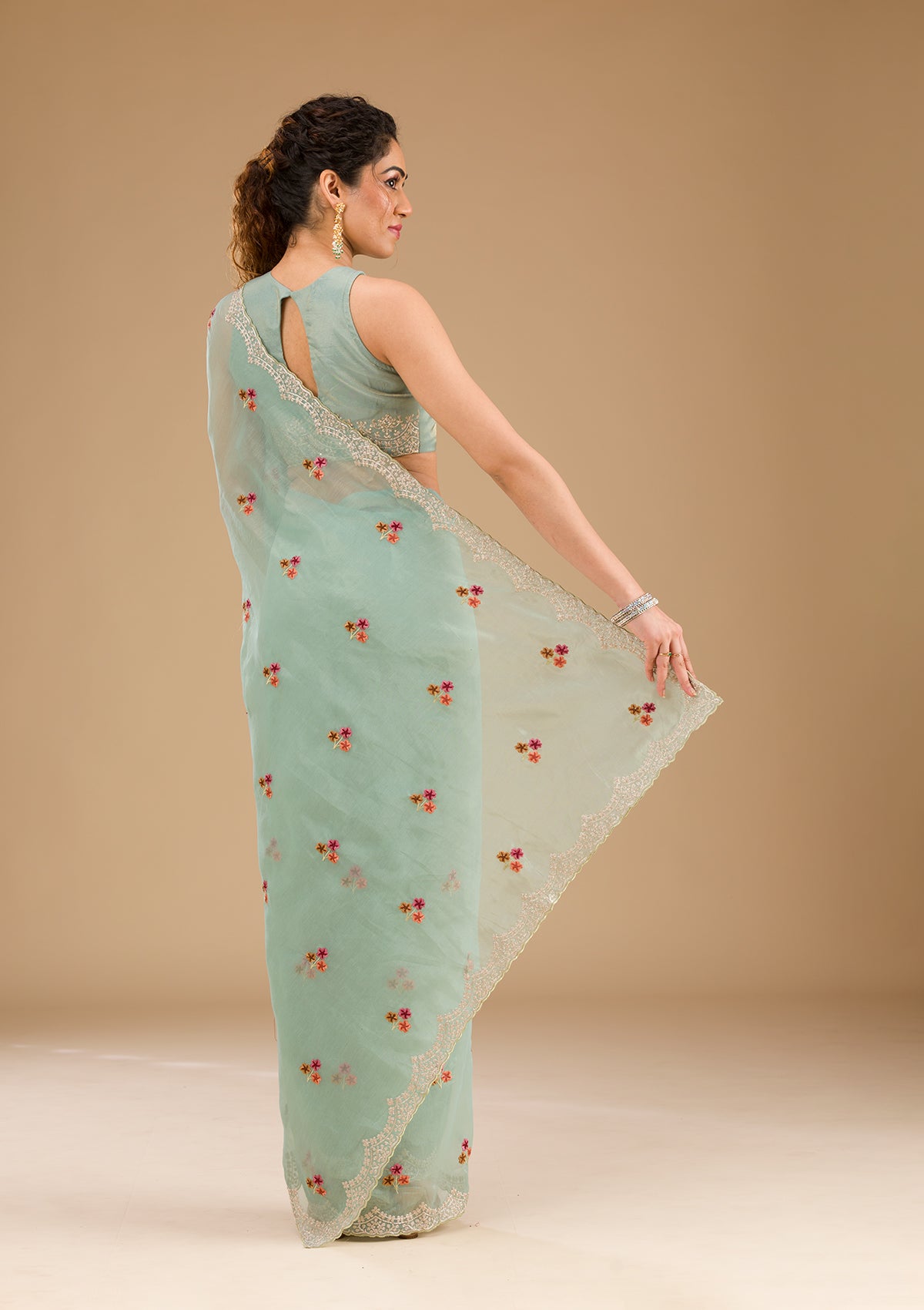 Sky Blue Threadwork Tissue Saree