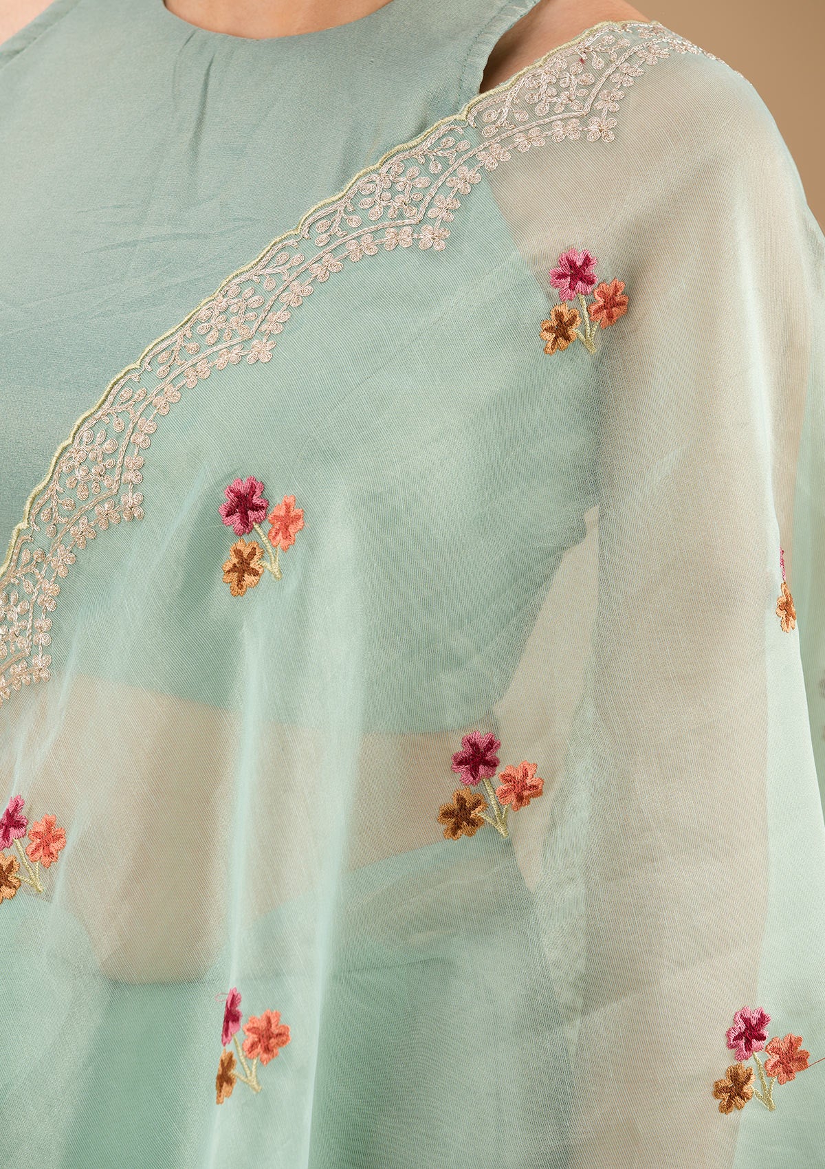 Sky Blue Threadwork Tissue Saree