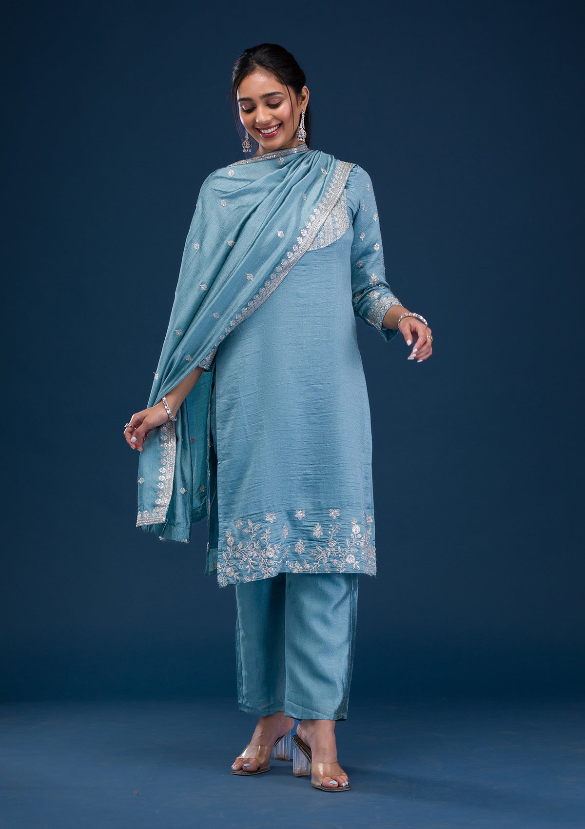 Sky Blue Zariwork Art Silk Readymade Salwar Suit-Koskii