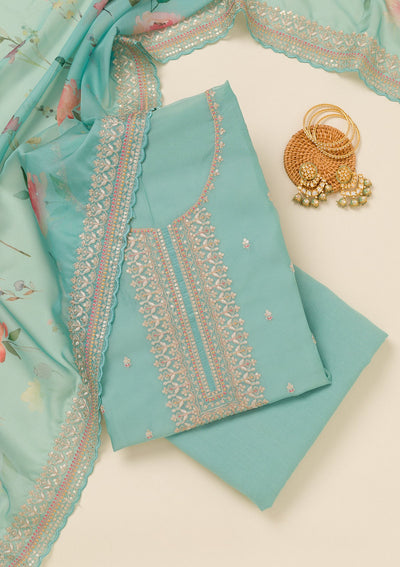 Sky Blue Zariwork Art Silk Unstitched Salwar Suit-Koskii