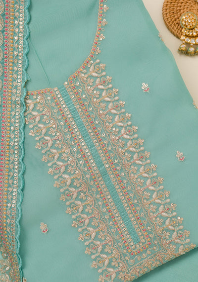 Sky Blue Zariwork Art Silk Unstitched Salwar Suit-Koskii