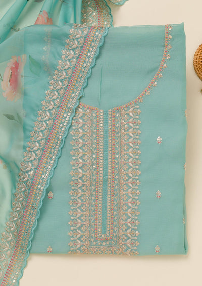 Sky Blue Zariwork Art Silk Unstitched Salwar Suit-Koskii