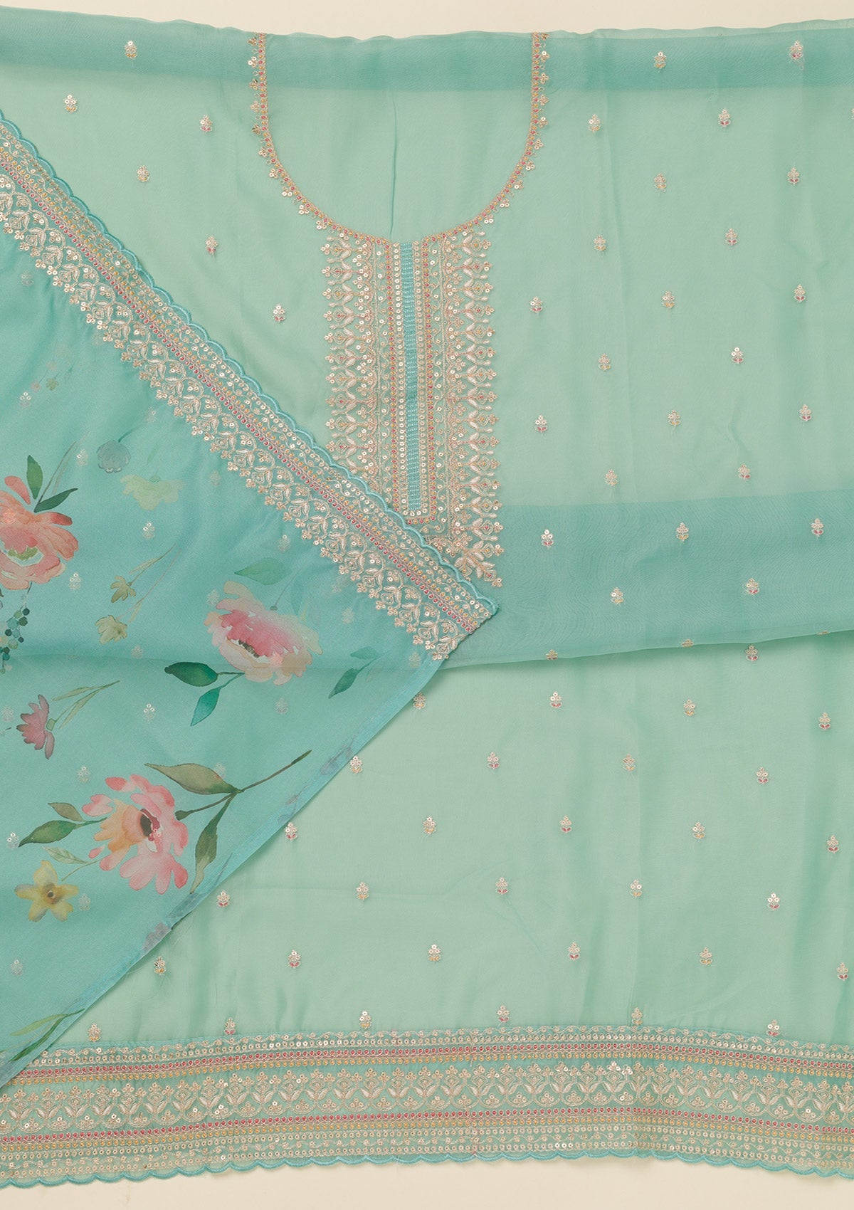 Sky Blue Zariwork Art Silk Unstitched Salwar Suit-Koskii