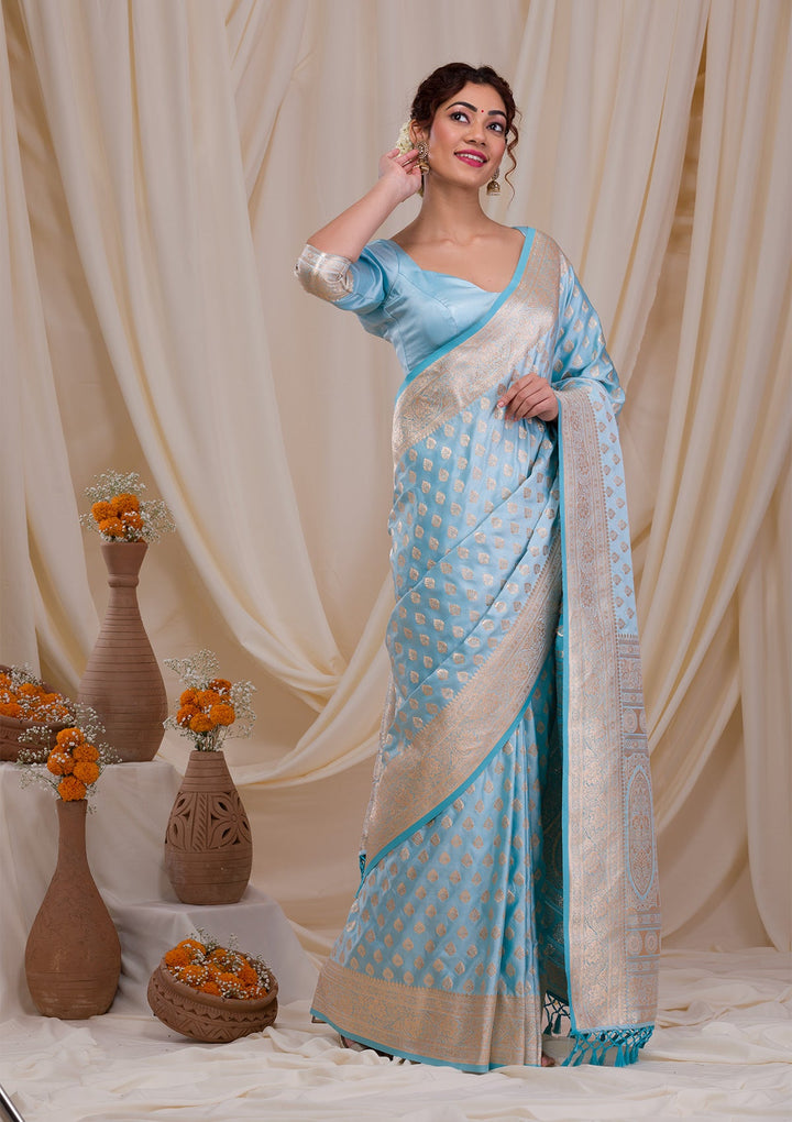 Sky Blue Zariwork Art Silk Saree-Koskii
