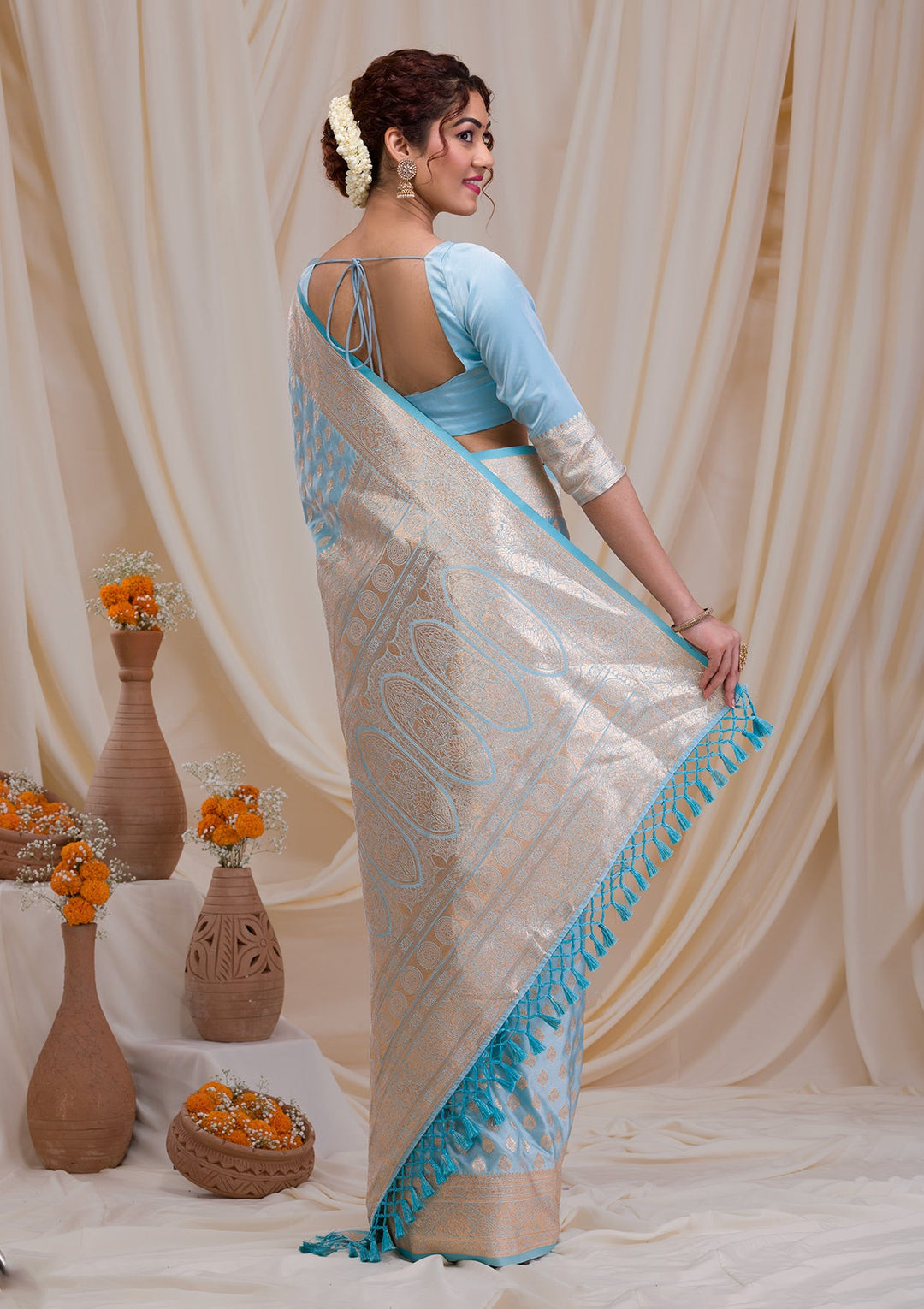 Sky Blue Zariwork Art Silk Saree-Koskii