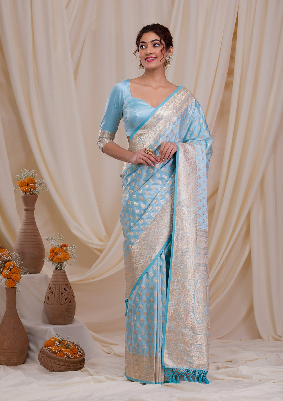 Sky Blue Zariwork Art Silk Saree-Koskii