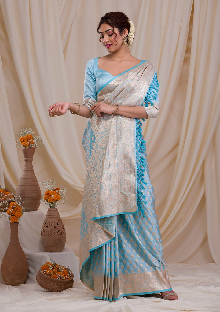 Sky Blue Zariwork Art Silk Saree-Koskii