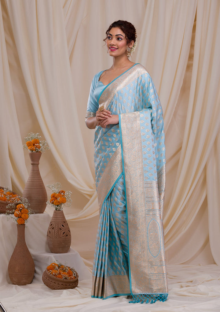 Sky Blue Zariwork Art Silk Saree-Koskii
