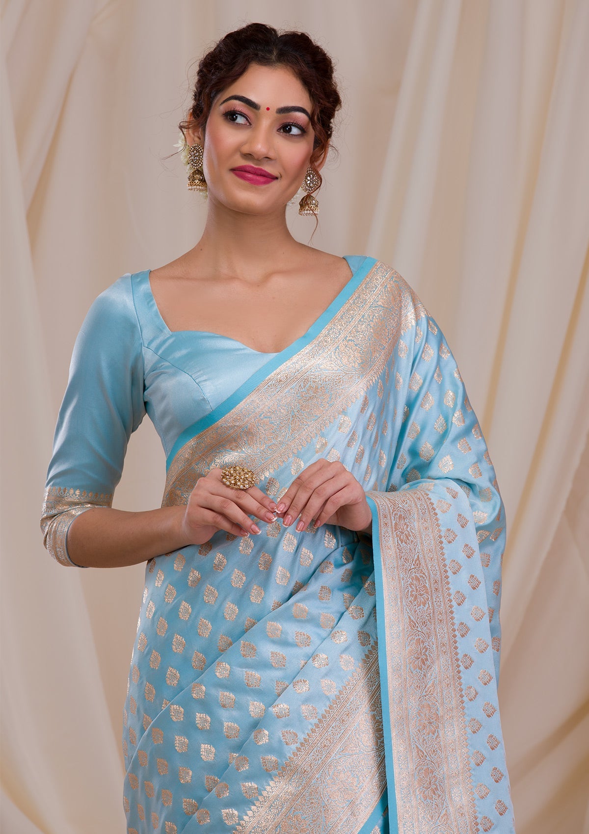 Sky Blue Zariwork Art Silk Saree-Koskii