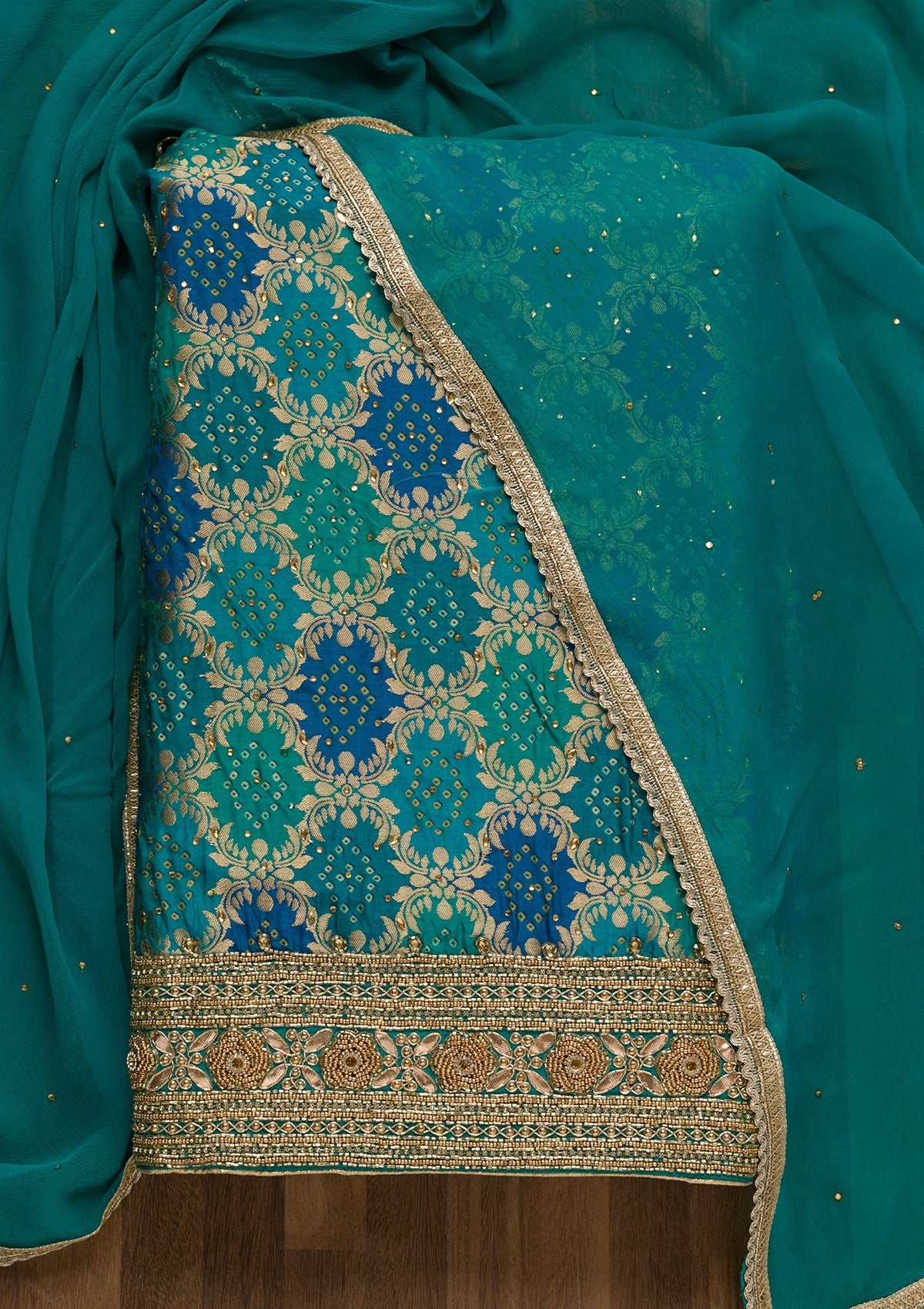 Sky Blue Zariwork Banarasi Unstitched Salwar Kameez-Koskii