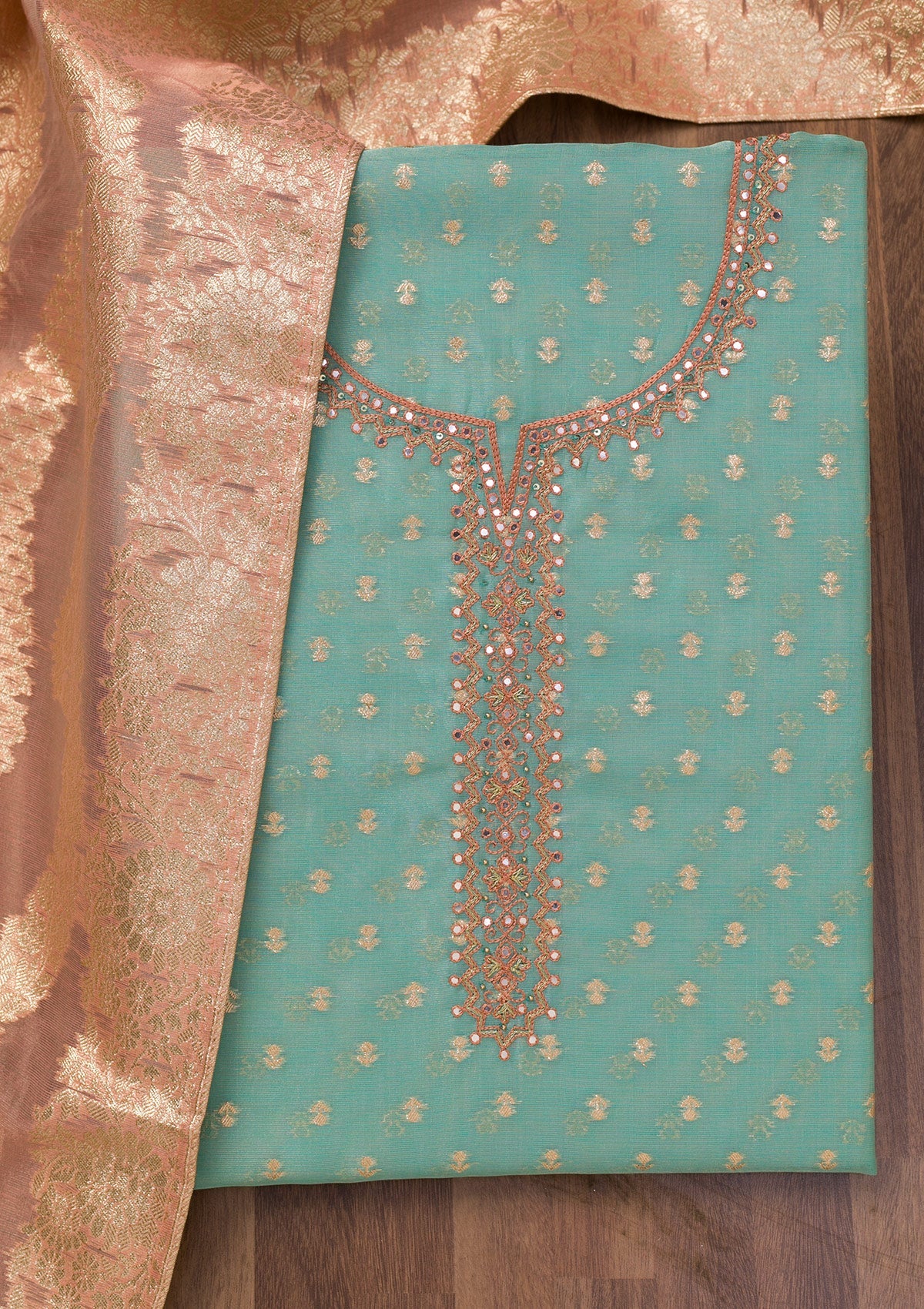 Sky Blue Zariwork Banarasi Unstitched Salwar Suit-Koskii