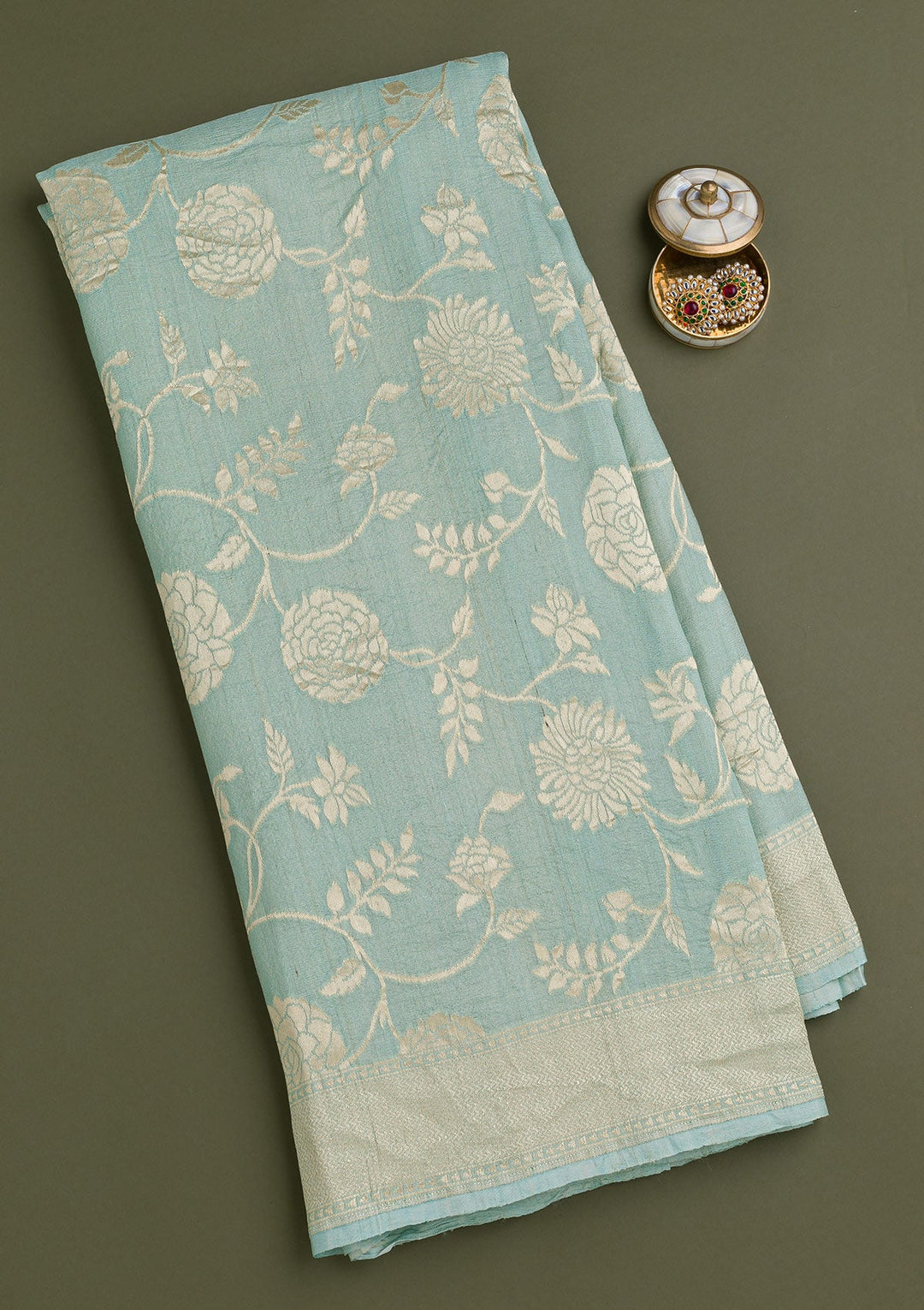 Sky Blue Zariwork Banarasi Saree-Koskii