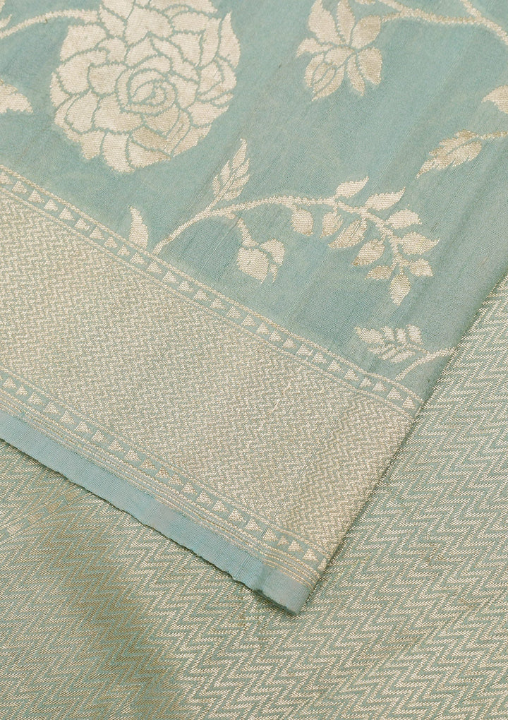Sky Blue Zariwork Banarasi Saree-Koskii