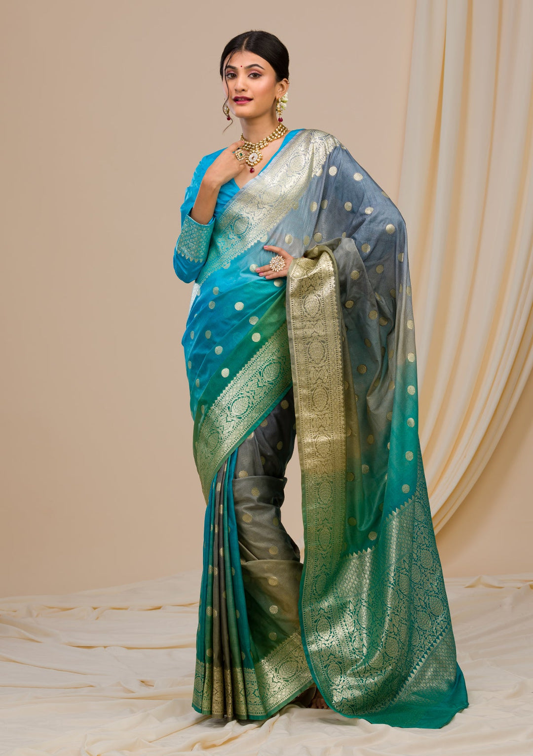 Sky Blue Zariwork Chanderi Saree-Koskii