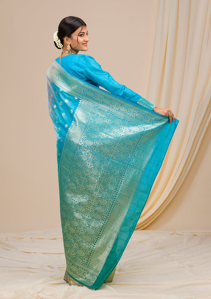 Sky Blue Zariwork Chanderi Saree-Koskii