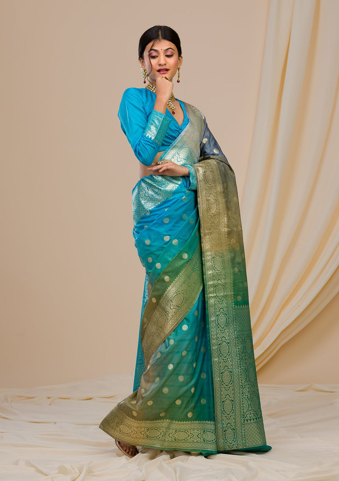 Sky Blue Zariwork Chanderi Saree-Koskii