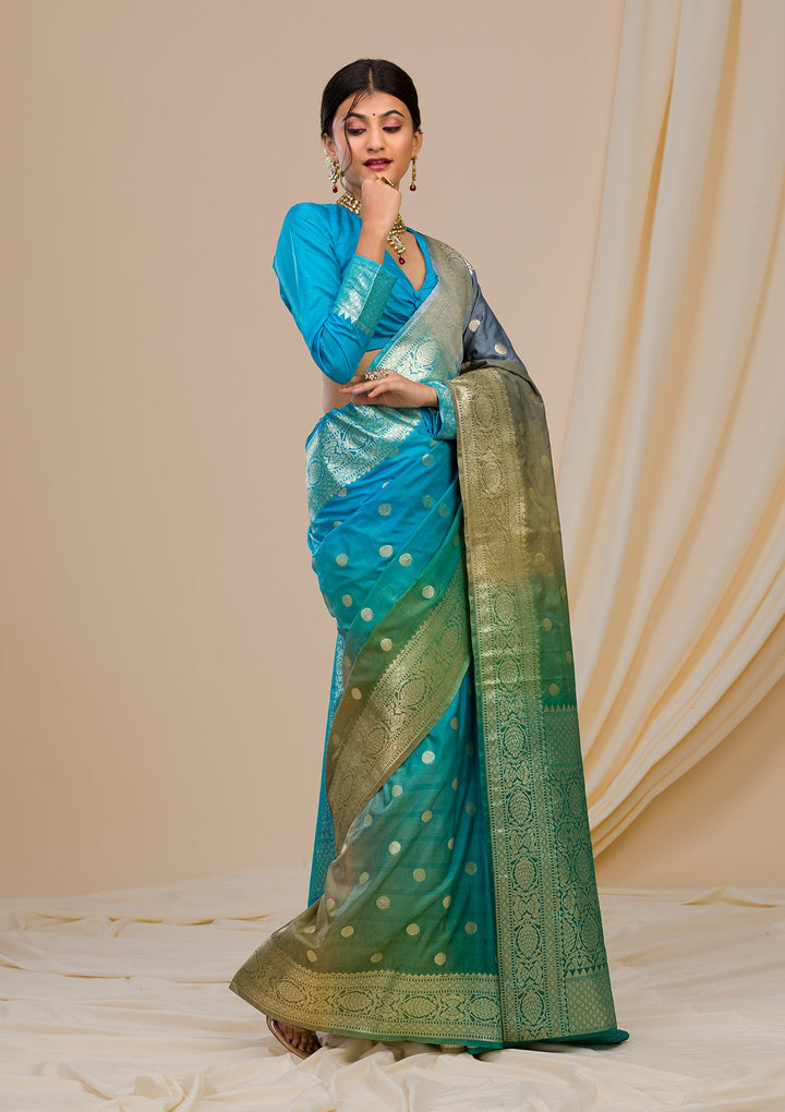 Sky Blue Zariwork Chanderi Saree-Koskii