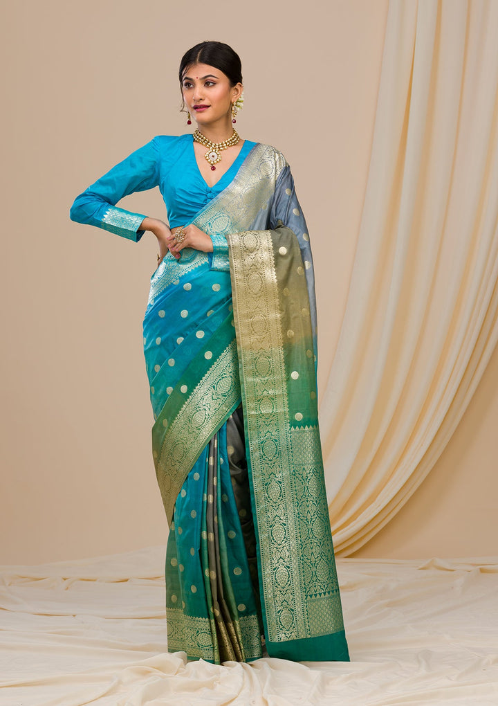 Sky Blue Zariwork Chanderi Saree-Koskii