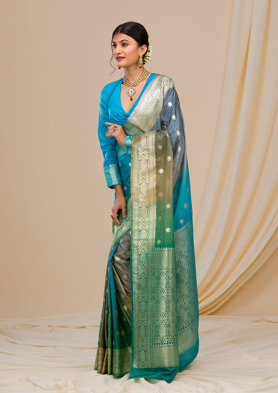 Sky Blue Zariwork Chanderi Saree-Koskii