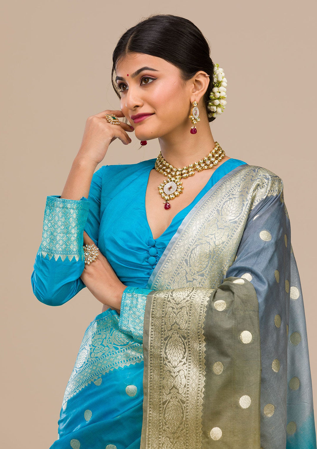 Sky Blue Zariwork Chanderi Saree-Koskii