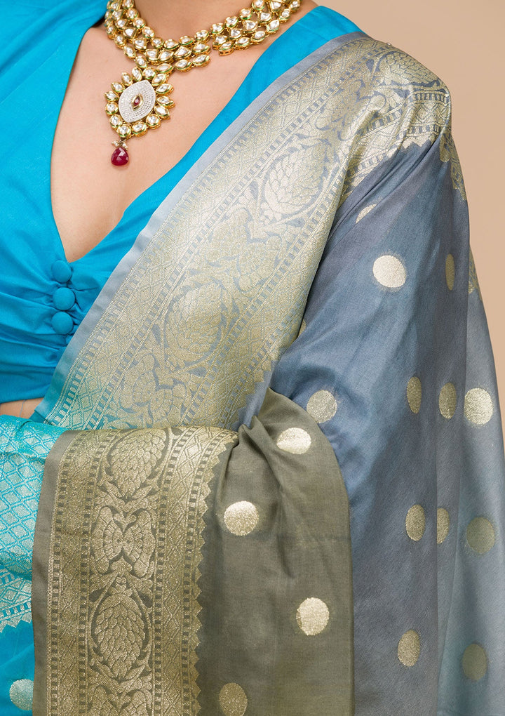 Sky Blue Zariwork Chanderi Saree-Koskii