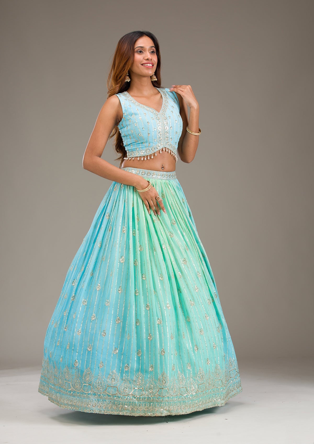 Sky Blue Zariwork Georgette Readymade Lehenga