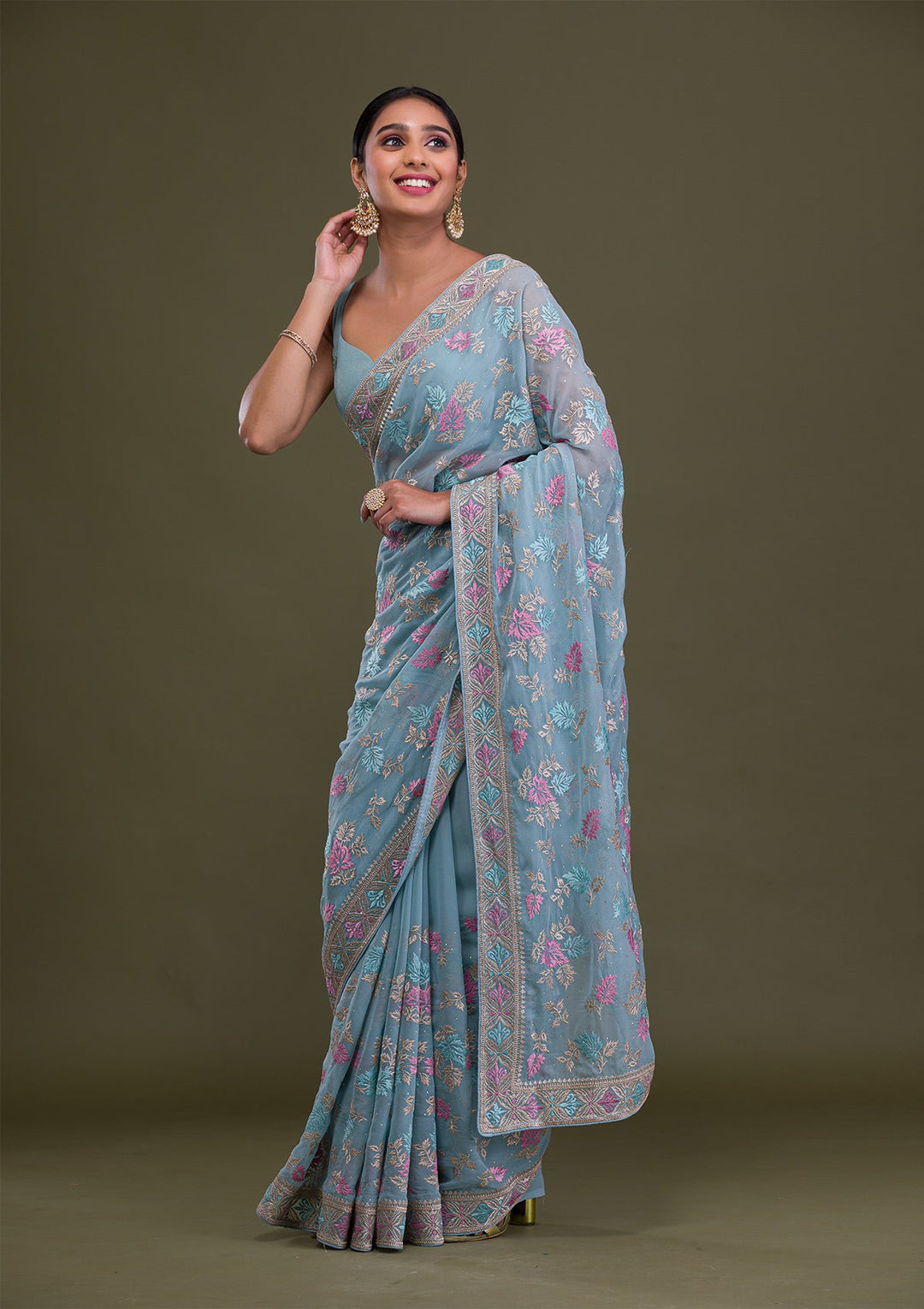 Sky Blue Zariwork Georgette Saree-Koskii