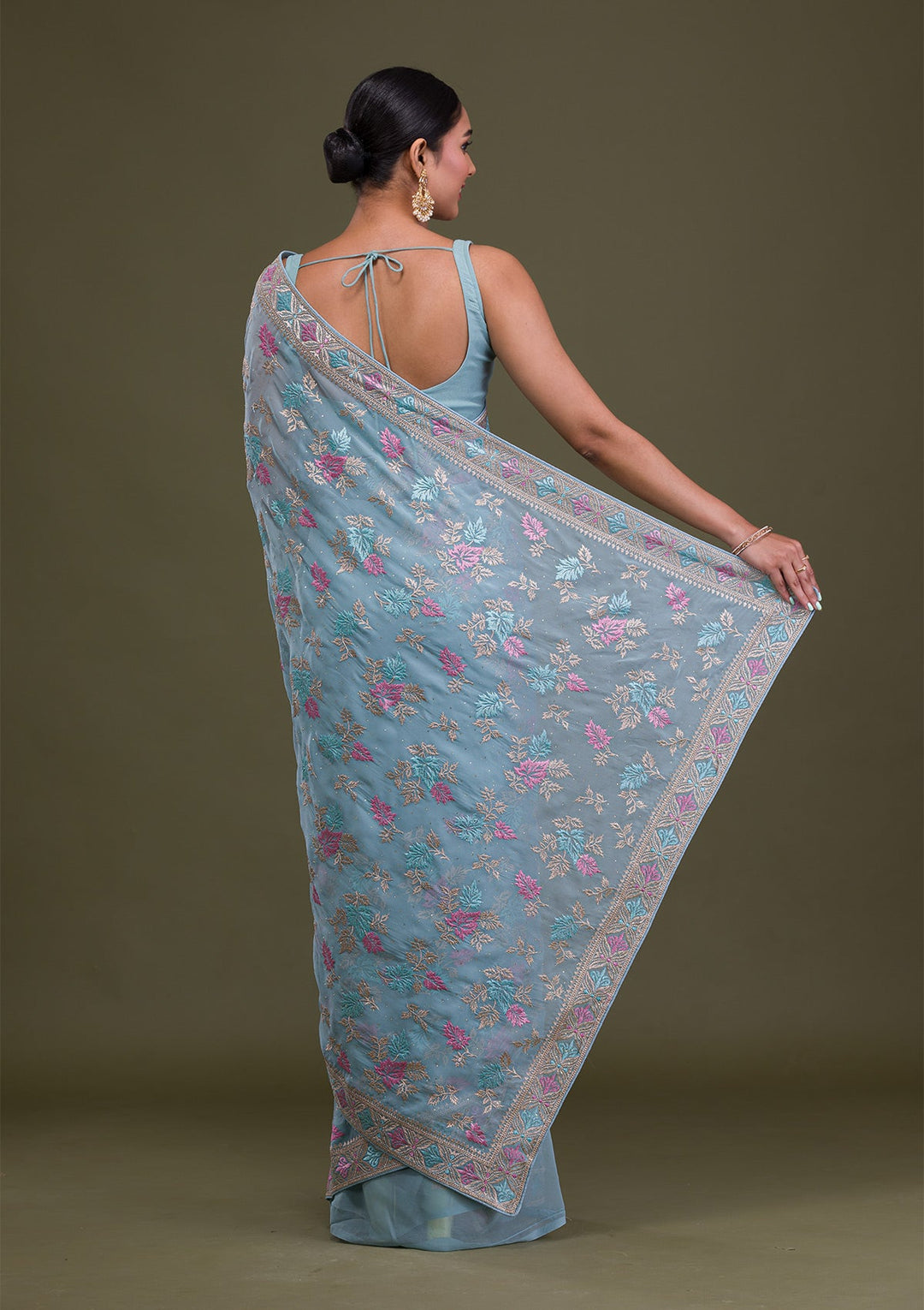 Sky Blue Zariwork Georgette Saree-Koskii