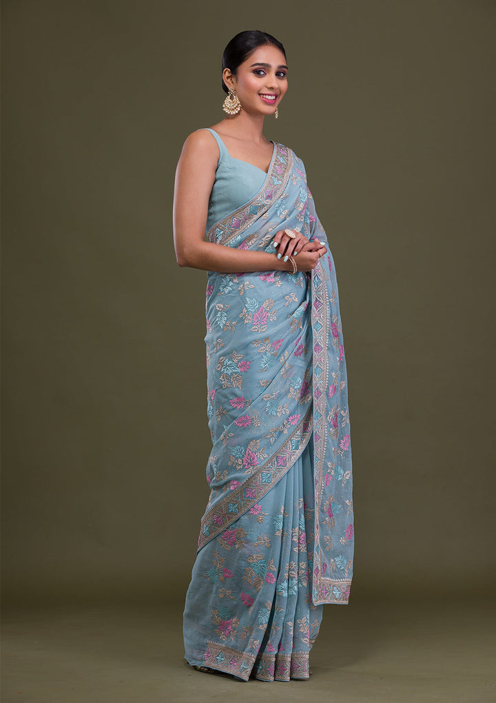 Sky Blue Zariwork Georgette Saree-Koskii