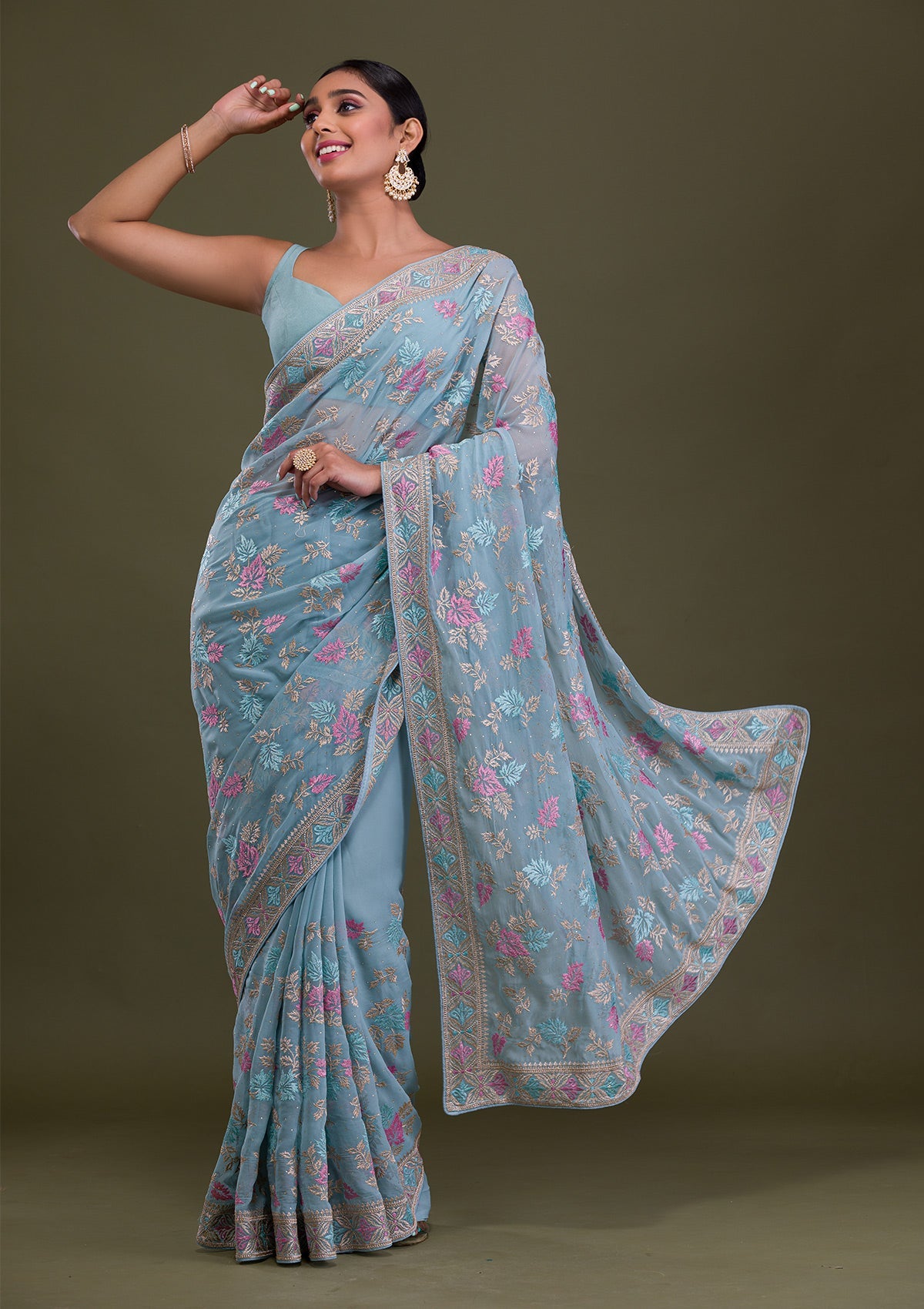 Sky Blue Zariwork Georgette Saree-Koskii