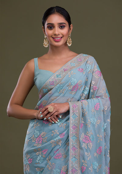 Sky Blue Zariwork Georgette Saree-Koskii