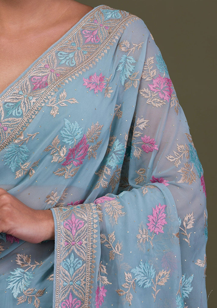 Sky Blue Zariwork Georgette Saree-Koskii