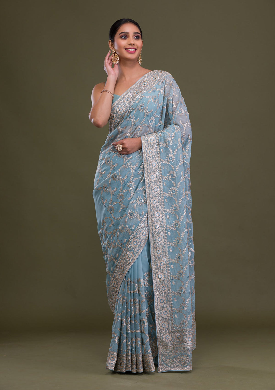 Sky Blue Zariwork Georgette Saree-Koskii