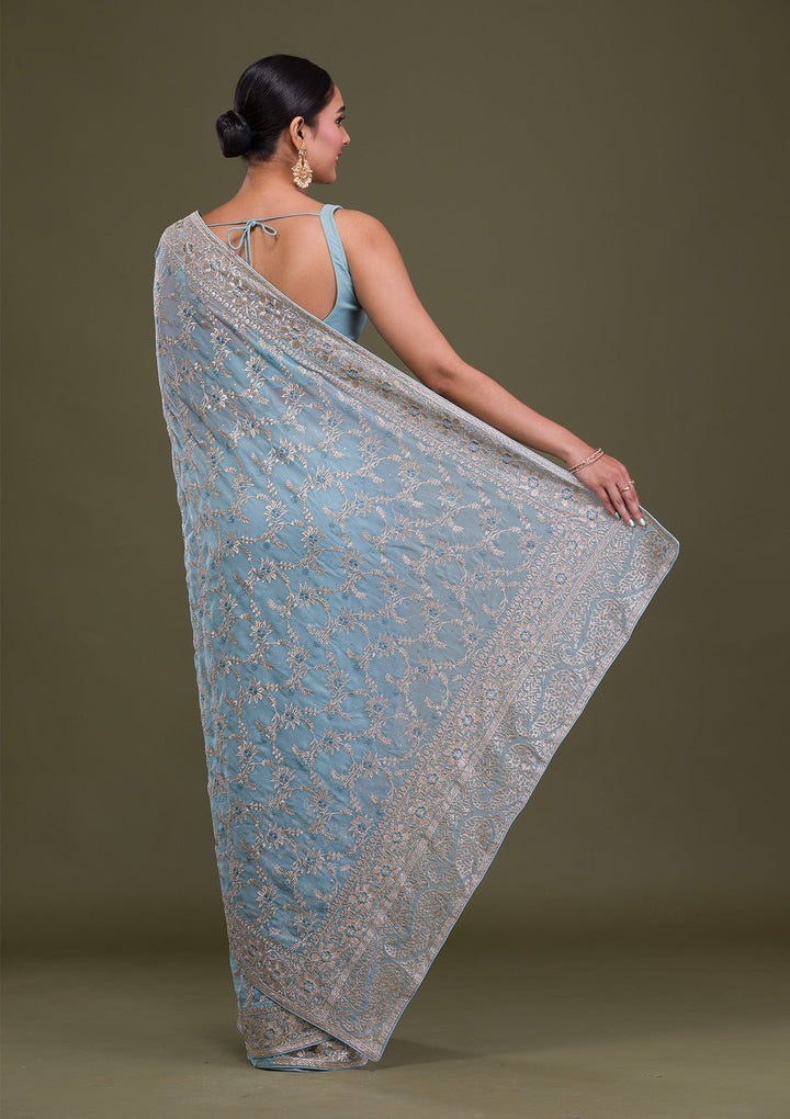 Sky Blue Zariwork Georgette Saree-Koskii