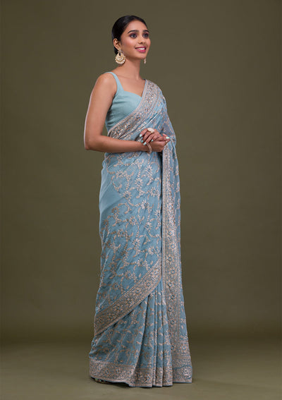 Sky Blue Zariwork Georgette Saree-Koskii