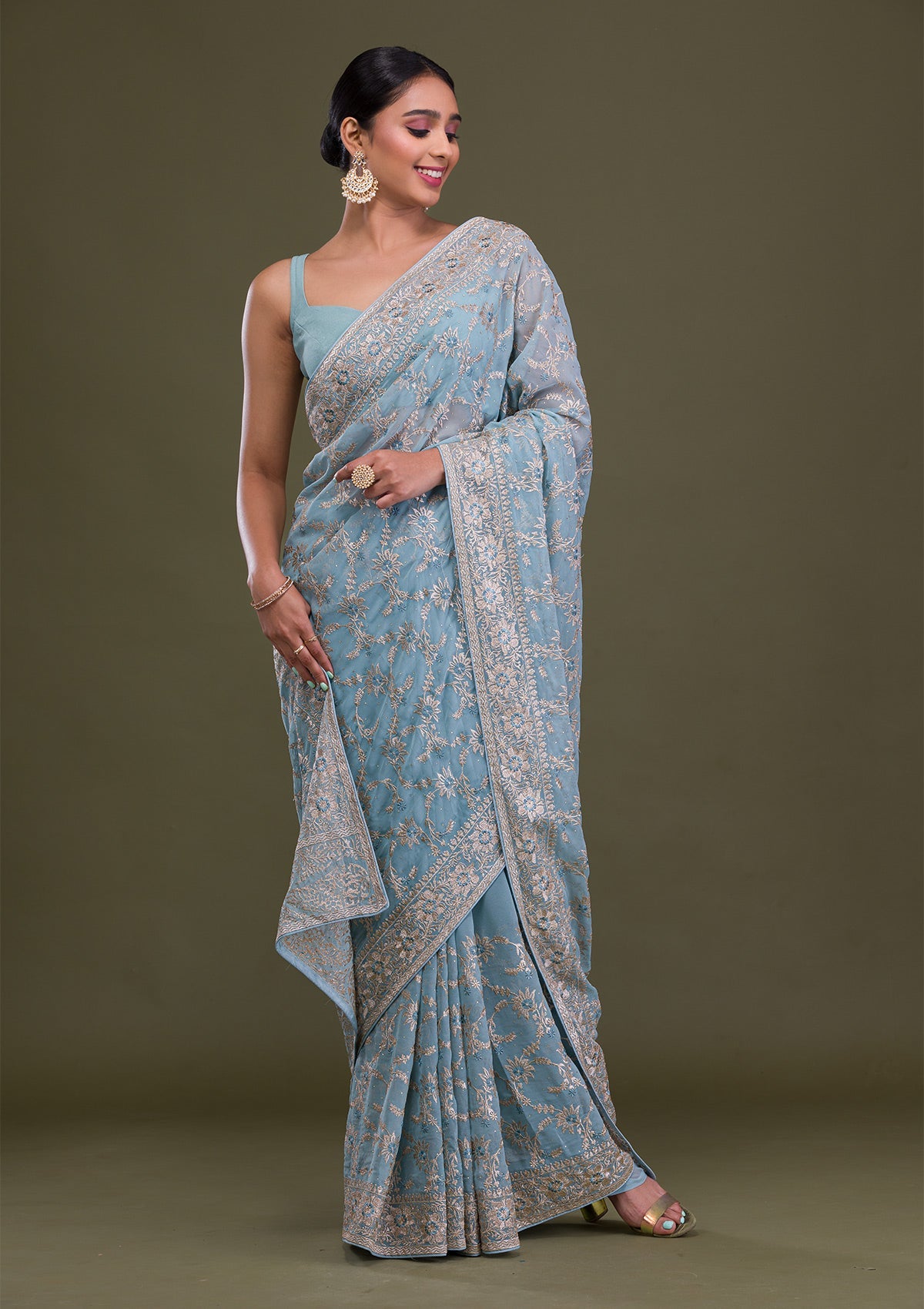 Sky Blue Zariwork Georgette Saree-Koskii