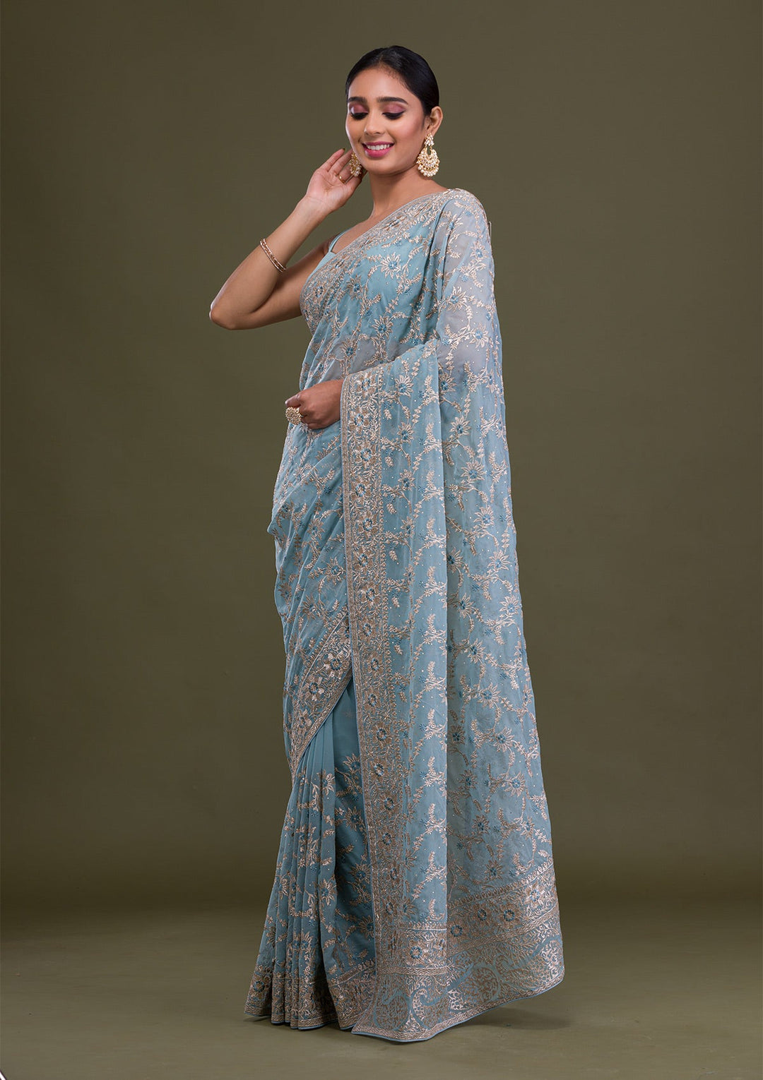 Sky Blue Zariwork Georgette Saree-Koskii