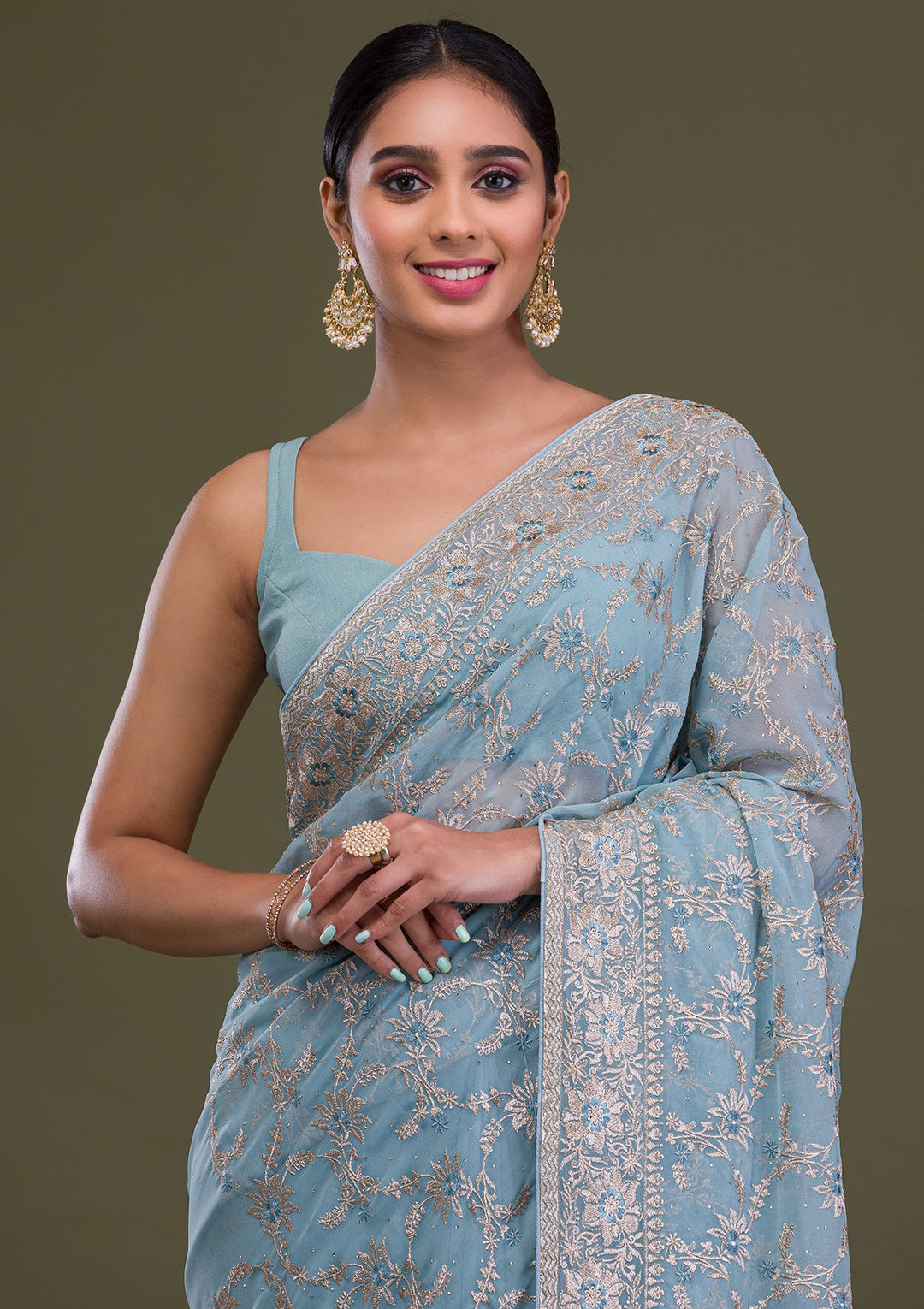 Sky Blue Zariwork Georgette Saree-Koskii